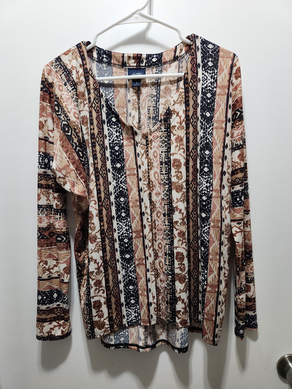 Daytrip Striped Boho V-Neck Long Sleeve Top in Brown, Cream & Black
